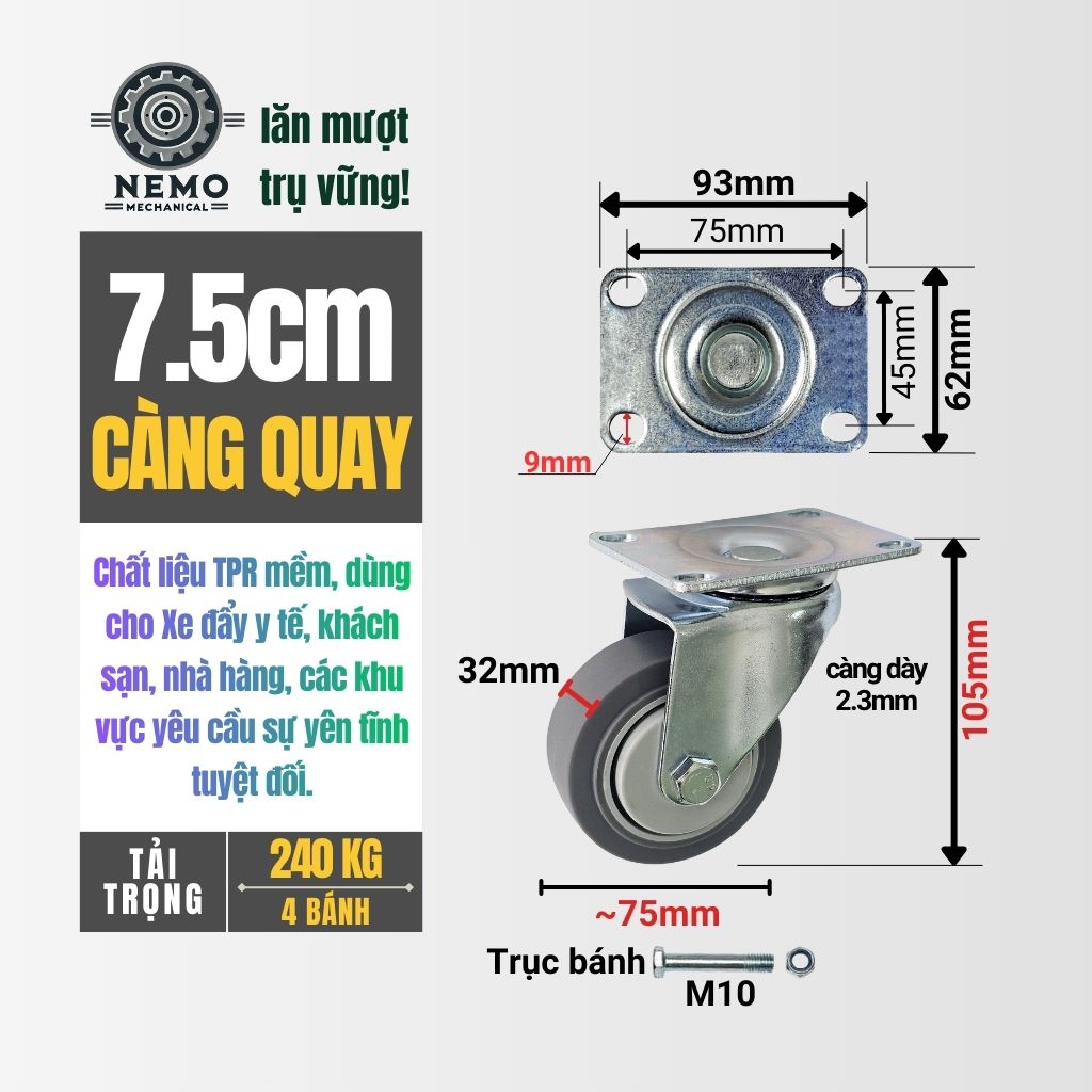 Bánh Xe Cao Su TPR Xám – Giảm Ồn, Bảo Vệ Sàn Tuyệt Đối (D75, D100, D125)